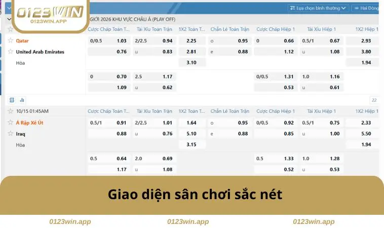 Thể Thao 0123WIN 2 Giao diện sân chơi sắc nét